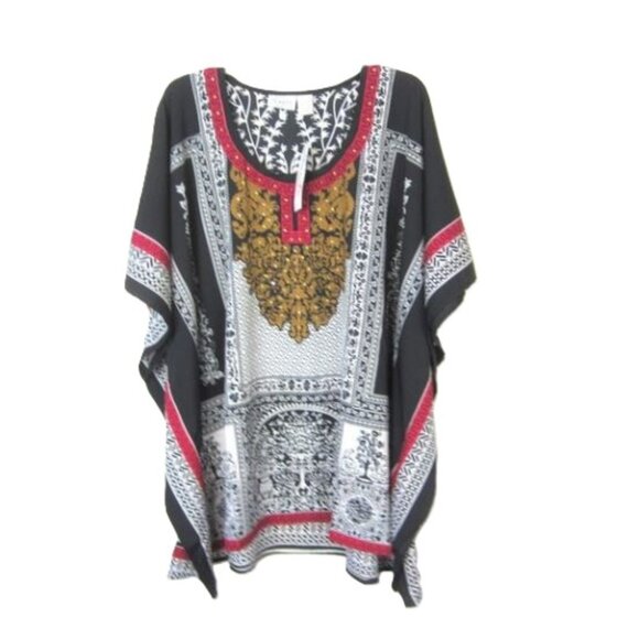 Sante' Classics NEW One Size Short Caftan Black White Red Gold Embellished - Picture 1 of 5